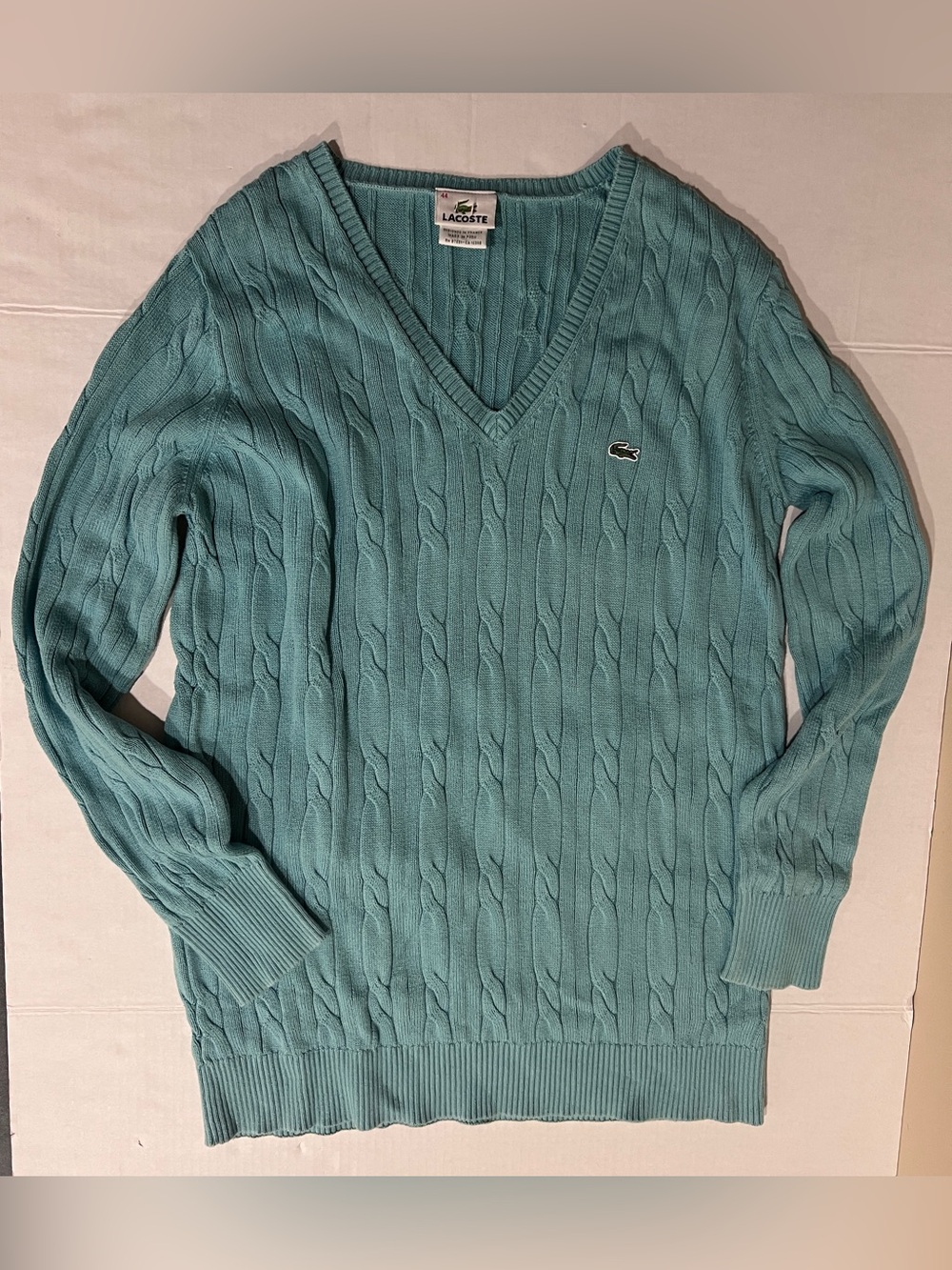 Lacoste Vintage Preppy Turquoise Cable Knit V-Neck Cotton Sweater Sz: 44/XL